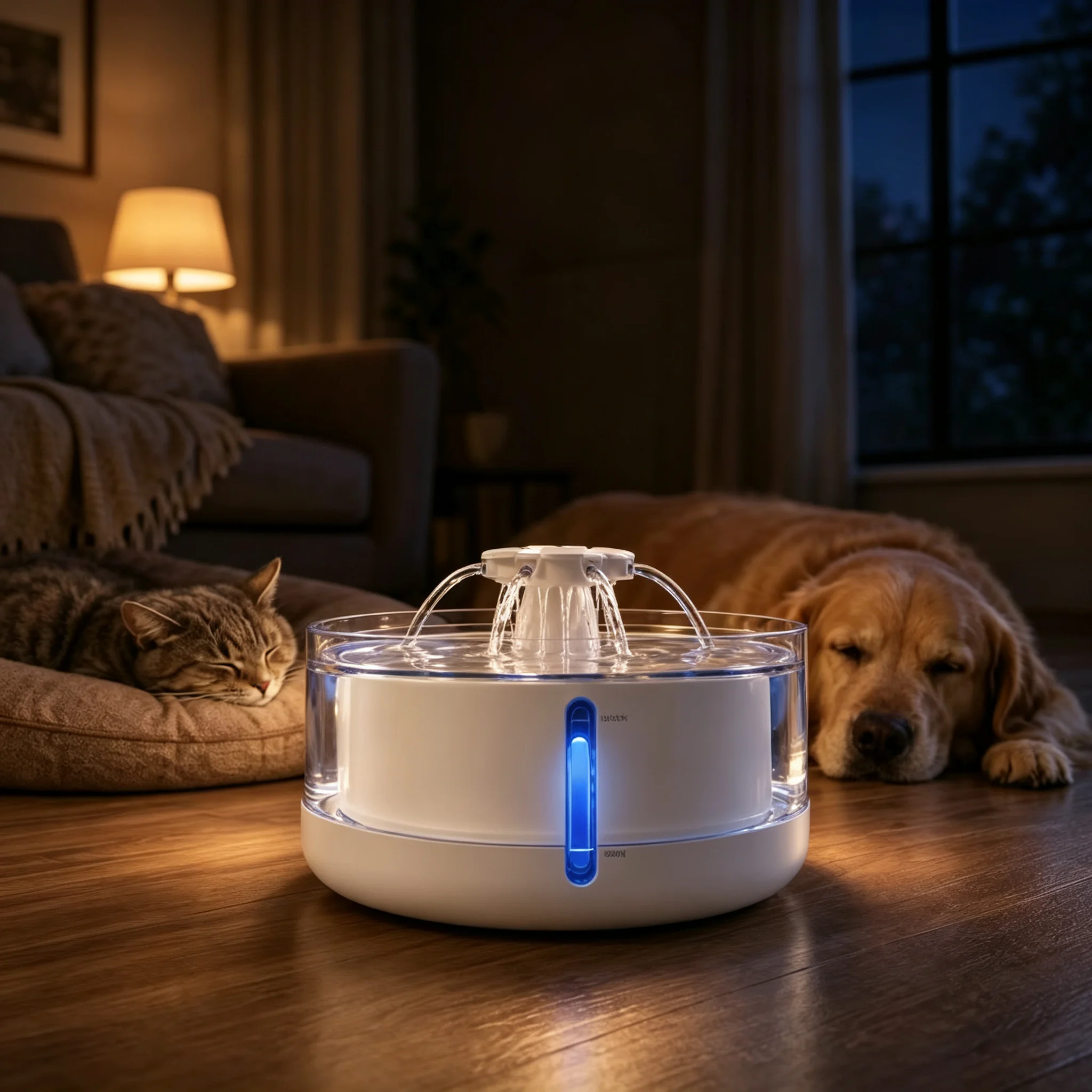 Pet Water Fountain Beside Sleeping Cat And Dog